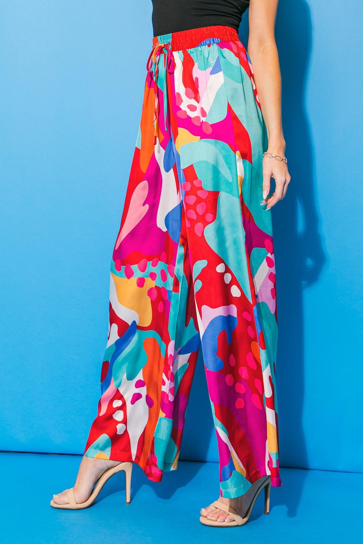Cancun Getaway Satin Pants With Elastic Waist And Wide Leg Silhouette