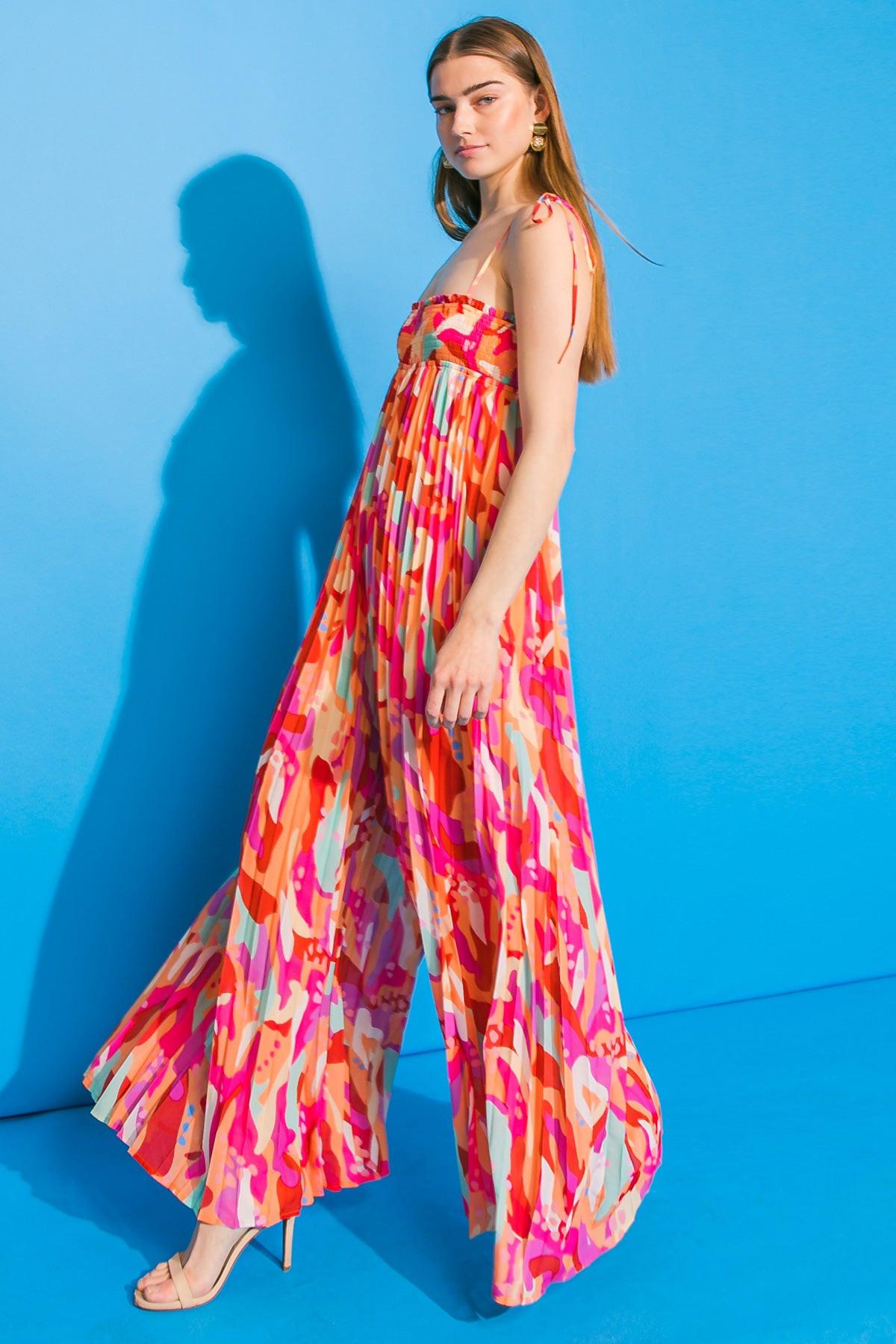 Better Get Going Woven Jumpsuit With Smocked Top And Pleated Body Printed