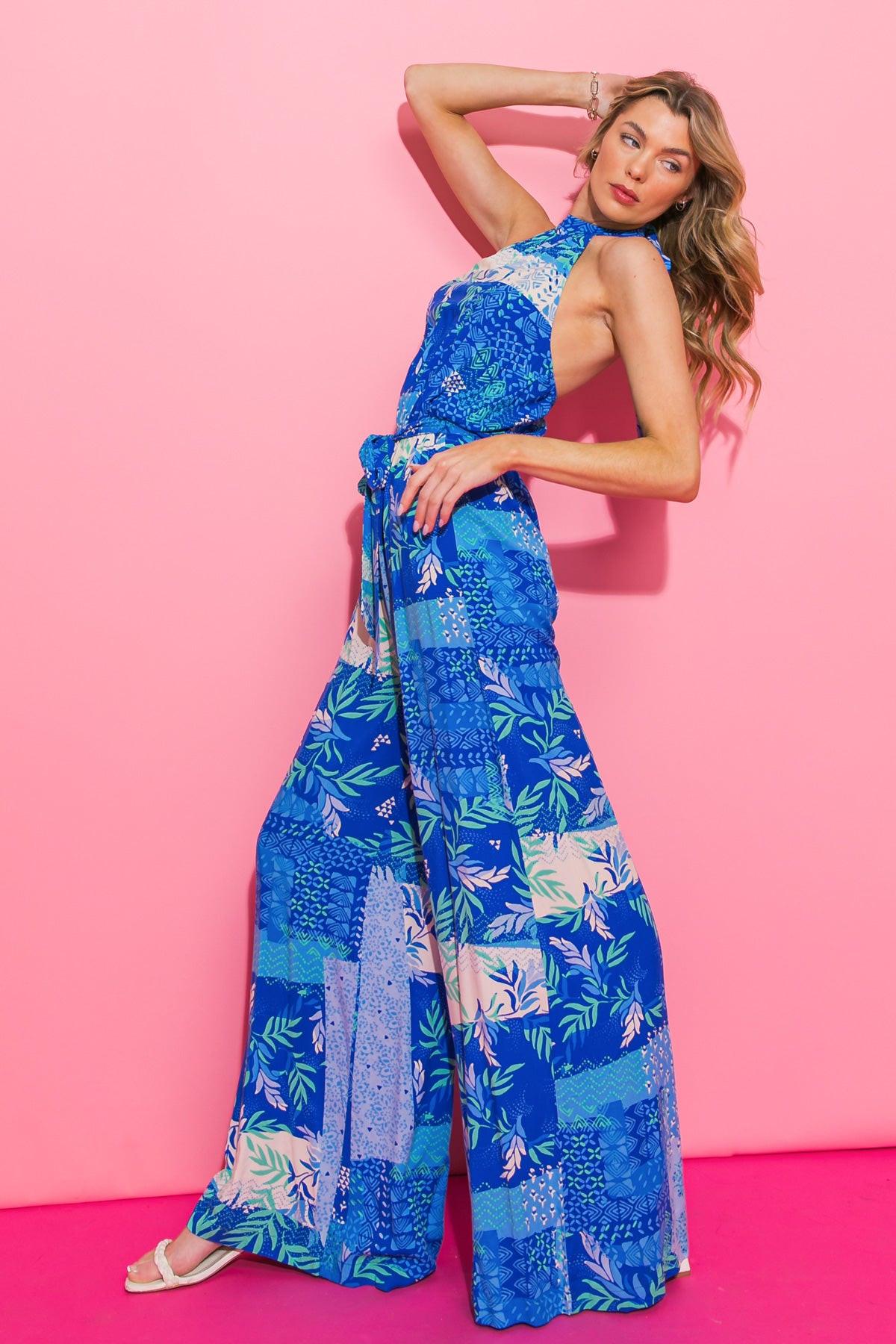 Kiss Me More Printed Woven Jumpsuit With Halter Neckline Bare Back Tie