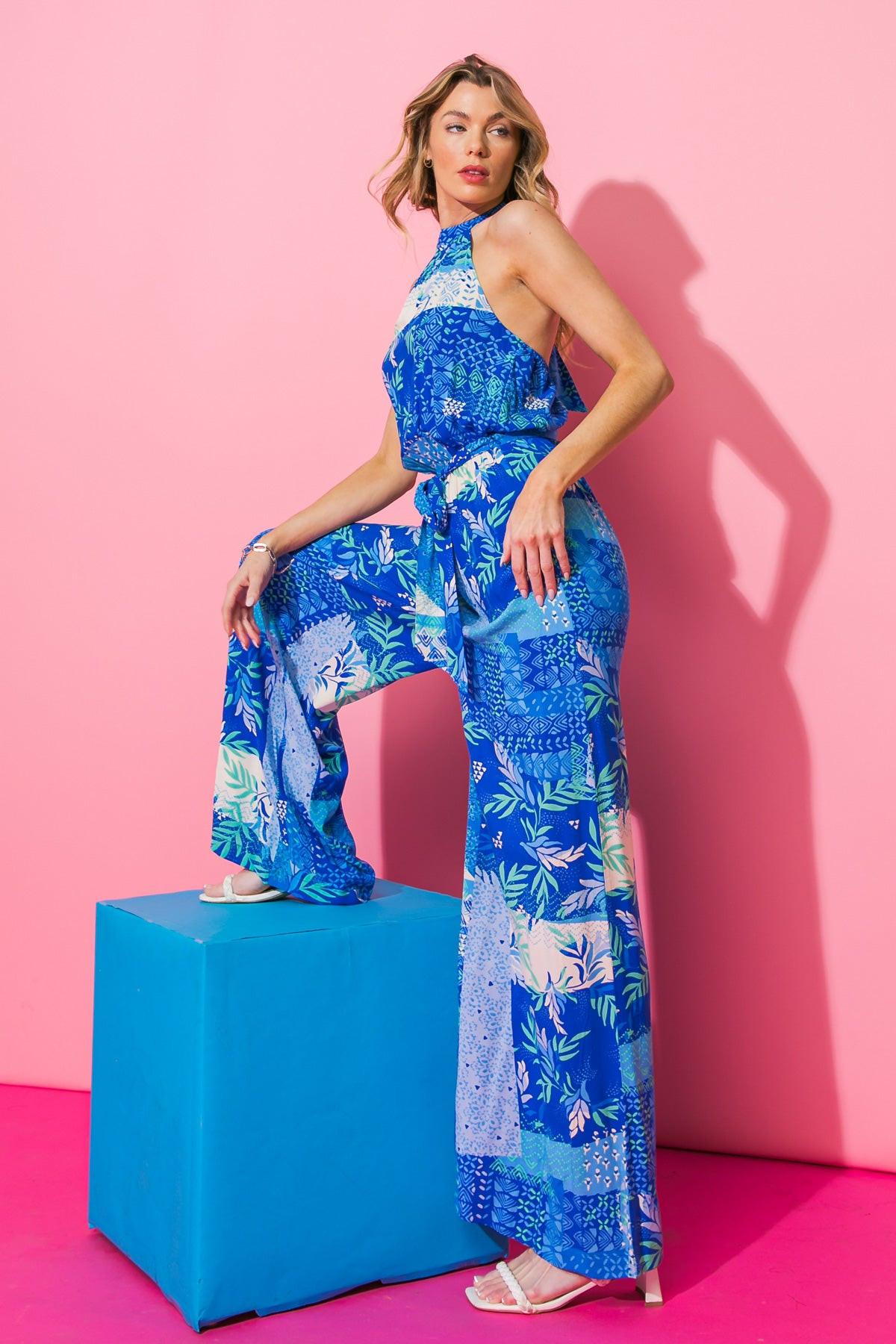 Kiss Me More Printed Woven Jumpsuit With Halter Neckline Bare Back Tie