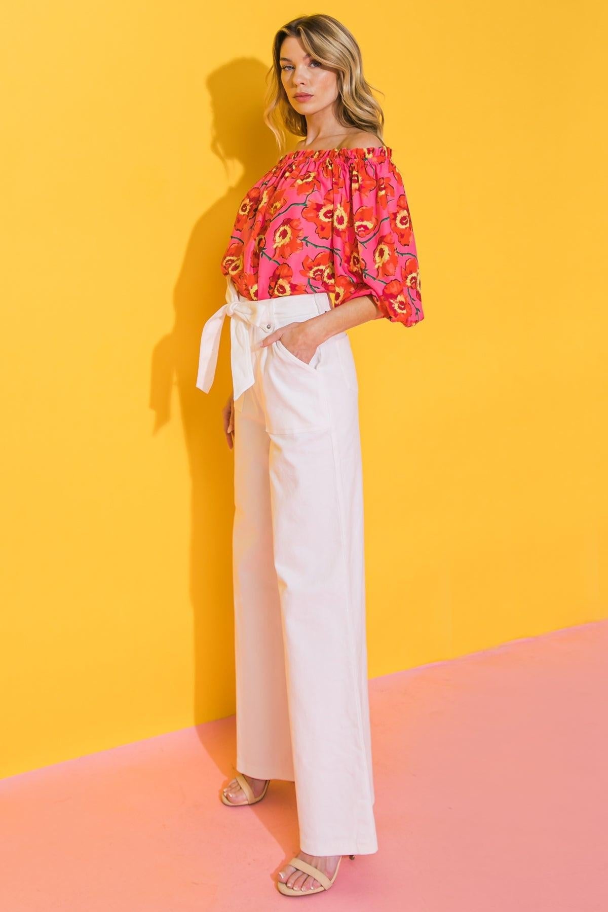 Just Say Yes Cotton Twill Pants With Self Tie Belt And Wide Leg