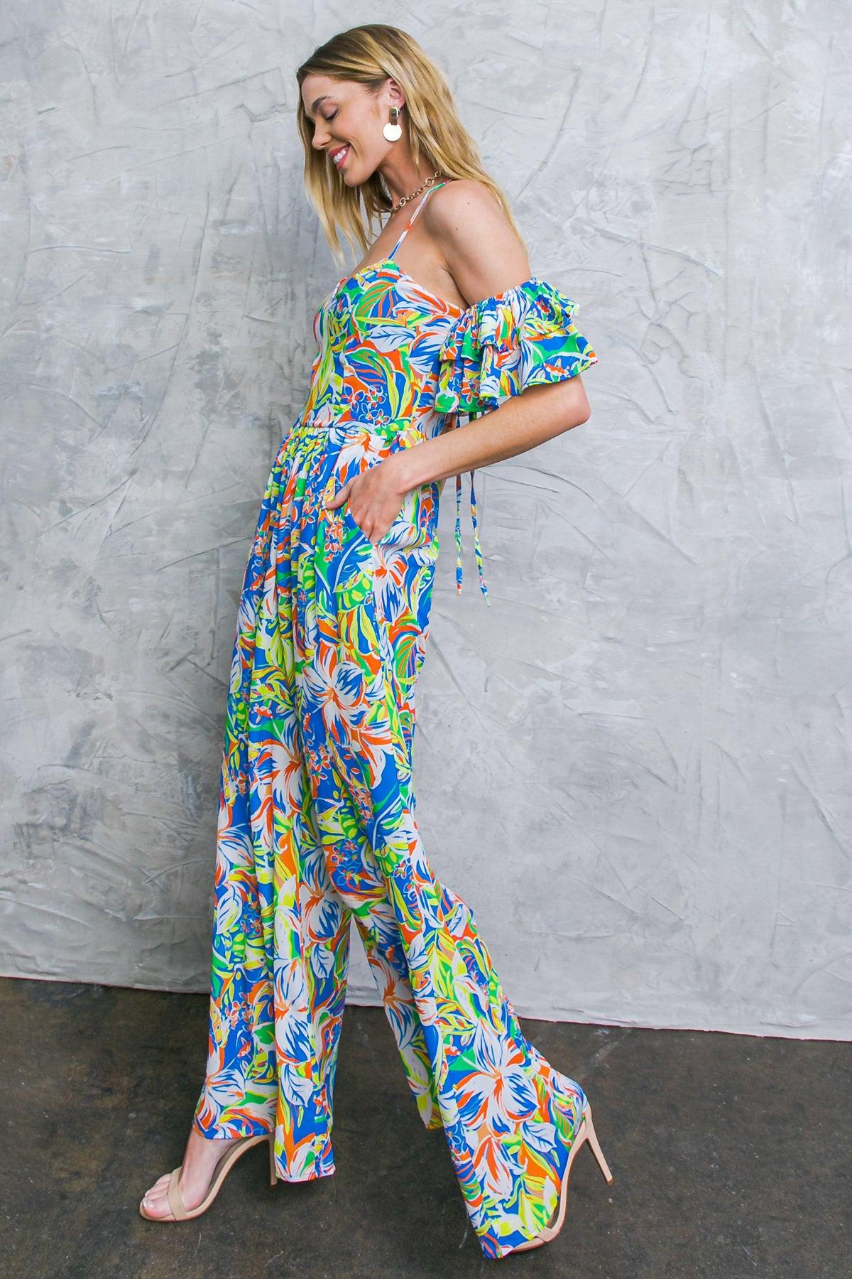 Unseen Beauty Floral Woven Jumpsuit With Cold Shoulder And Sweetheart Neckline