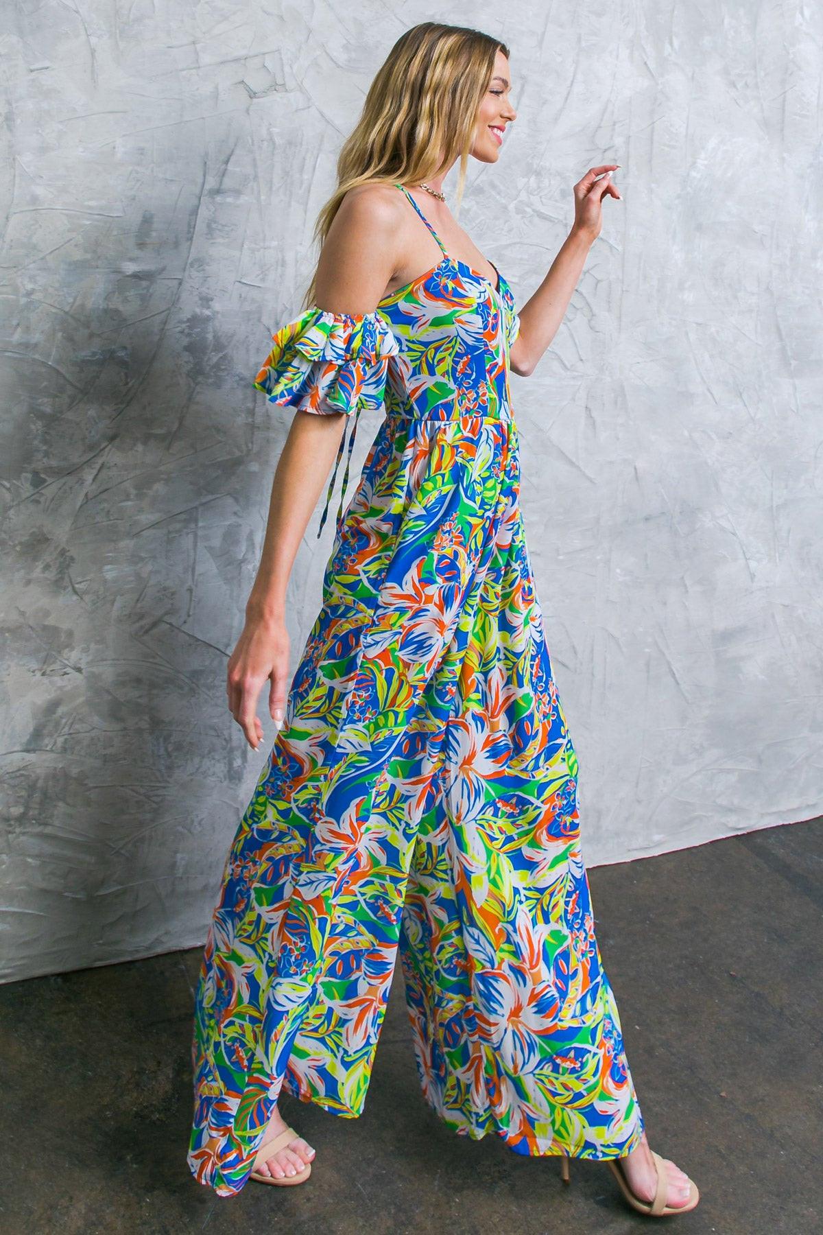 Unseen Beauty Floral Woven Jumpsuit With Cold Shoulder And Sweetheart Neckline