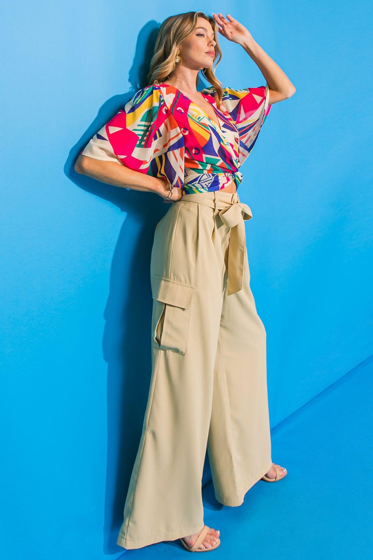 A Good Woman Woven Pants With Front Closure Self Sash Belt And Cargo Pockets