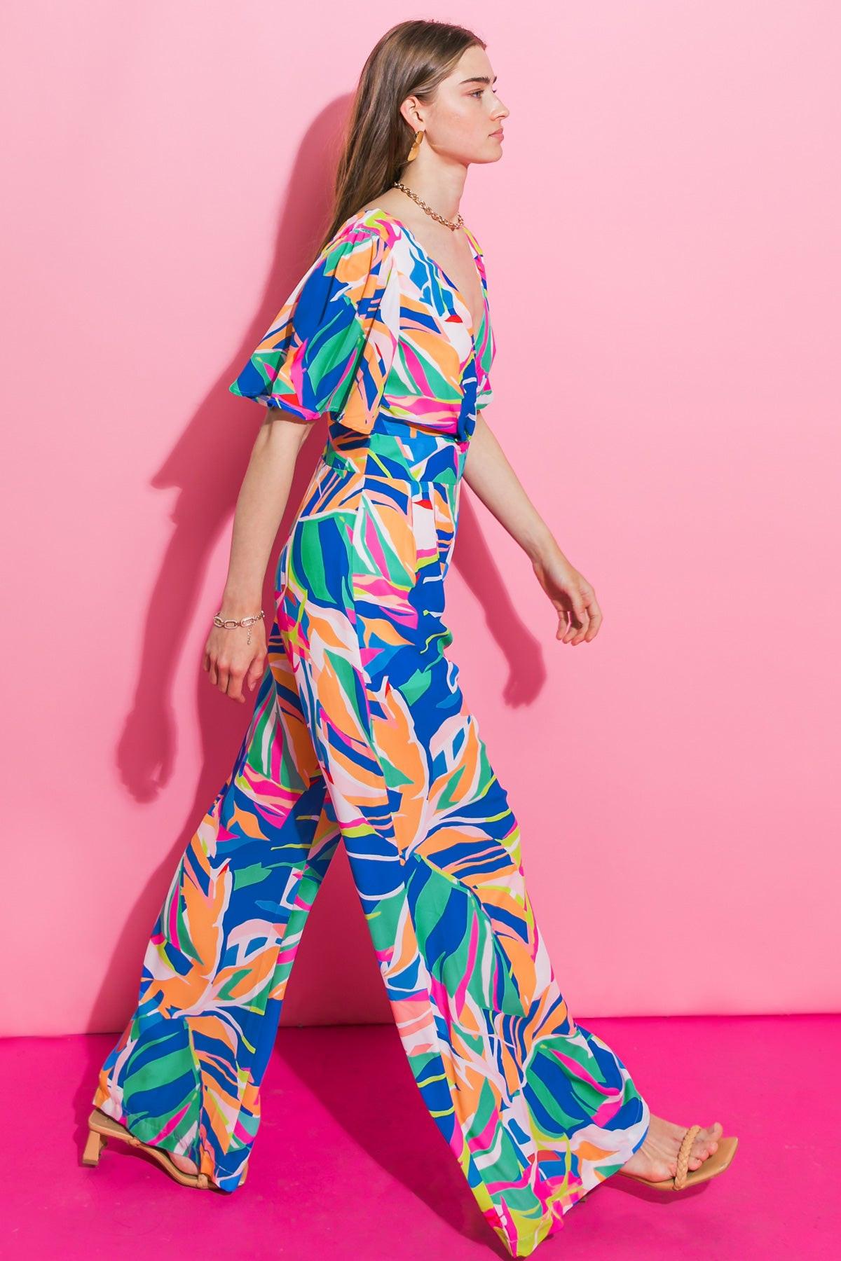 Whitewater Bay Printed Woven Jumpsuit With Surplice Neckline And Flutter Sleeves