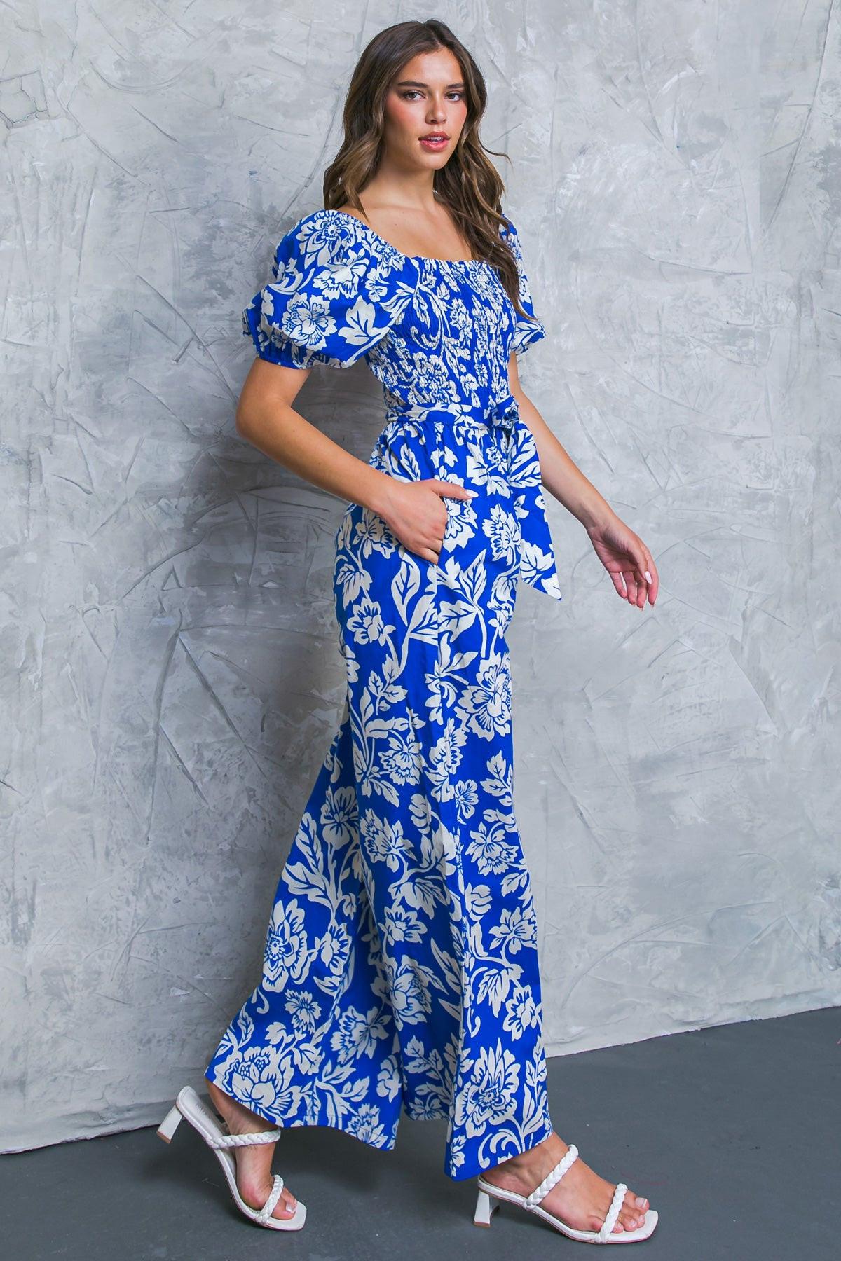 Someone You Loved Woven Jumpsuit With Smocked Bodice Wide Leg And Self Tie