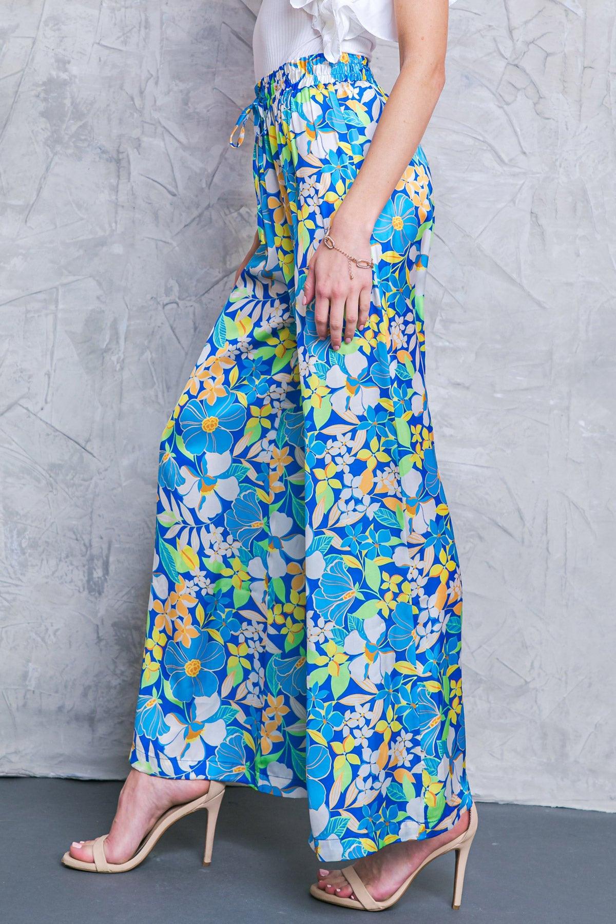 Cruising Through Satin Printed Wide Leg Pants With Tie Waist