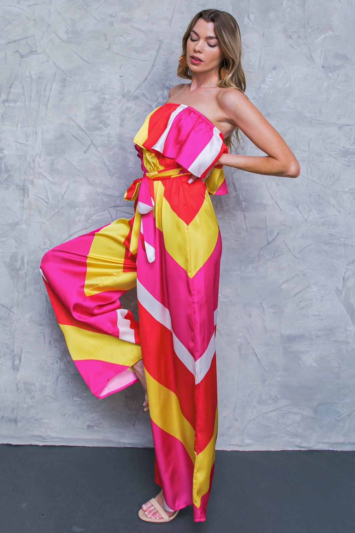 Broadwalk Dream Woven Jumpsuit With Flounce Neckline And Wide Leg