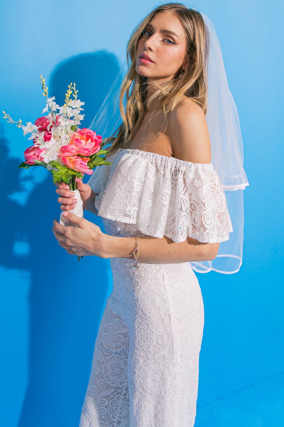 Fate Intervenes Woven Lace Jumpsuit Off Shoulder Flounce Wide Leg Back Zipper