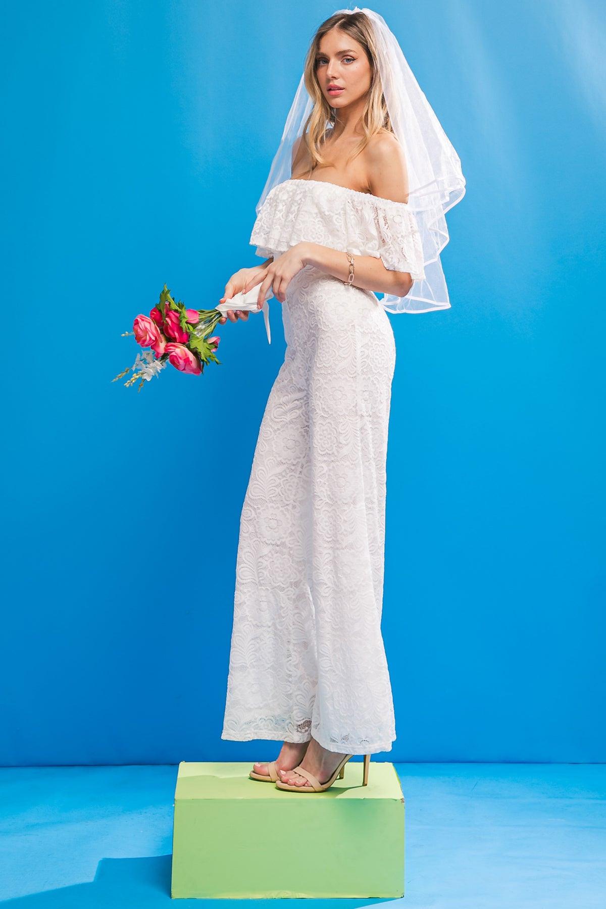 Fate Intervenes Woven Lace Jumpsuit Off Shoulder Flounce Wide Leg Back Zipper