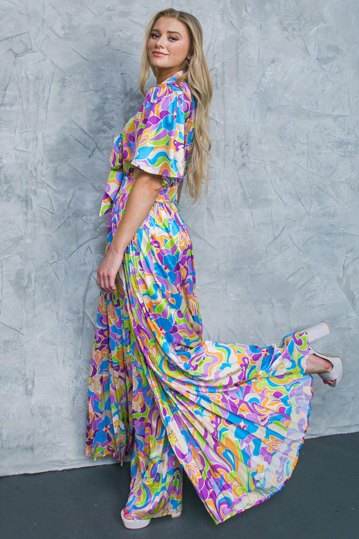 Secret Place Woven Jumpsuit With Shirt Collar V Neck And Pleated Wide Leg Pants