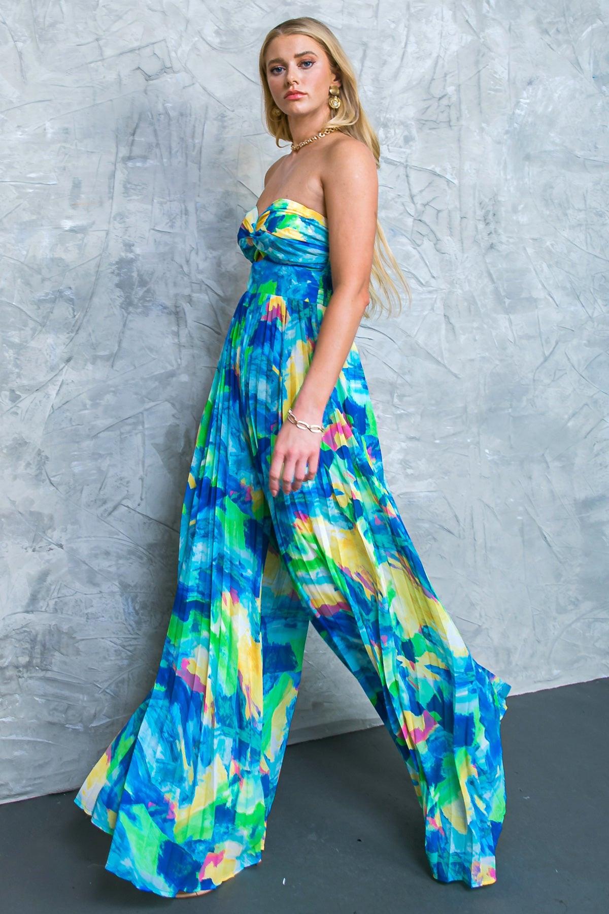 Today Is Your Day Printed Woven Jumpsuit With Twist Bodice And Pleated Wide Leg