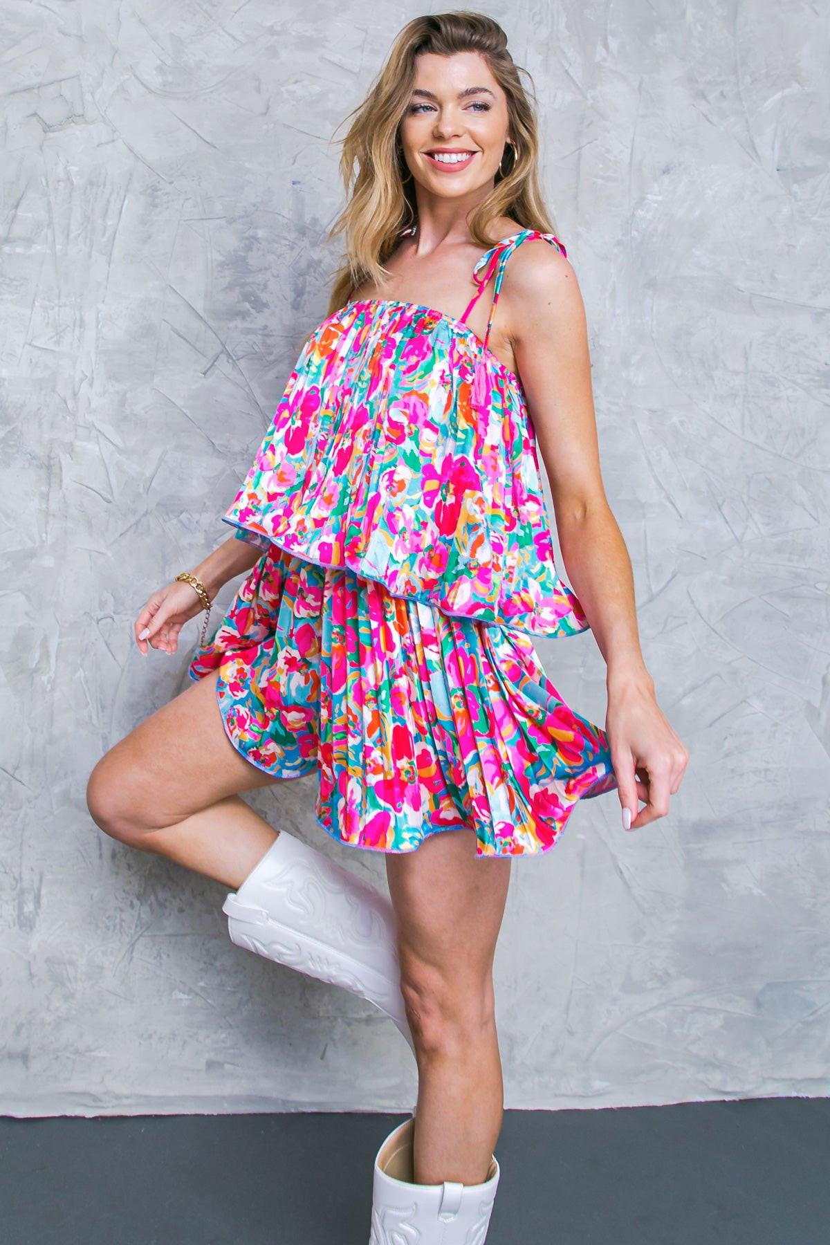 Put A Spin Woven Romper Pleated With Shoulder Ties Straight Neckline