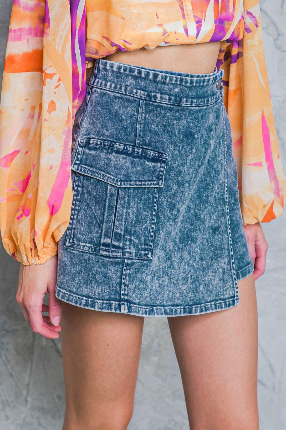 Moment Maker Acid Wash Skort With Front Pocket And Button Closure