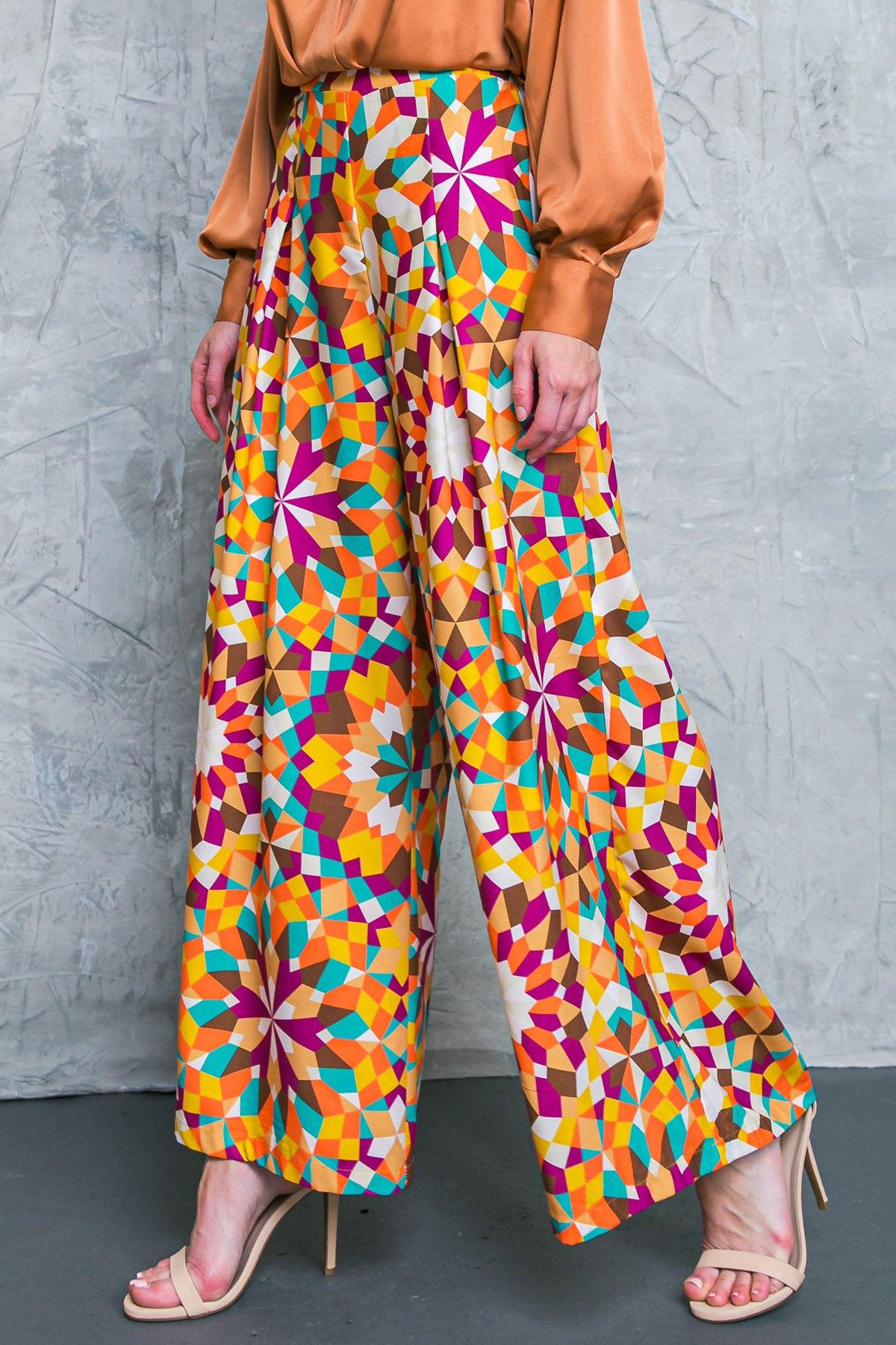 Alright With Me Woven Pants Printed Front Inverted Pleat Wide Leg Side Zip