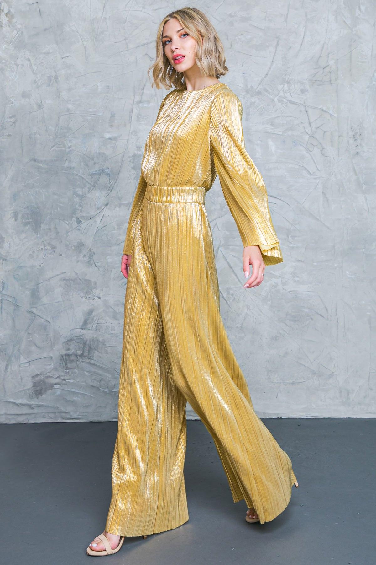 Dare To Dazzle Plisse Jumpsuit With Bell Sleeves Wide Legs