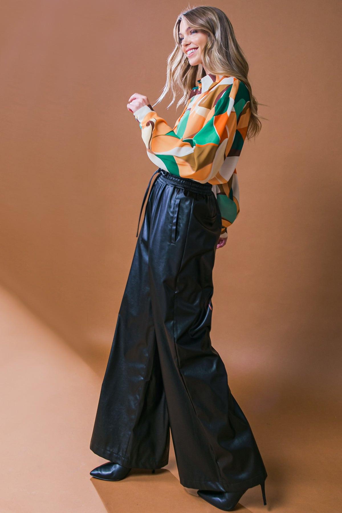 Iconic Reputation Leather Pants With Elastic Waist And Tie Detail