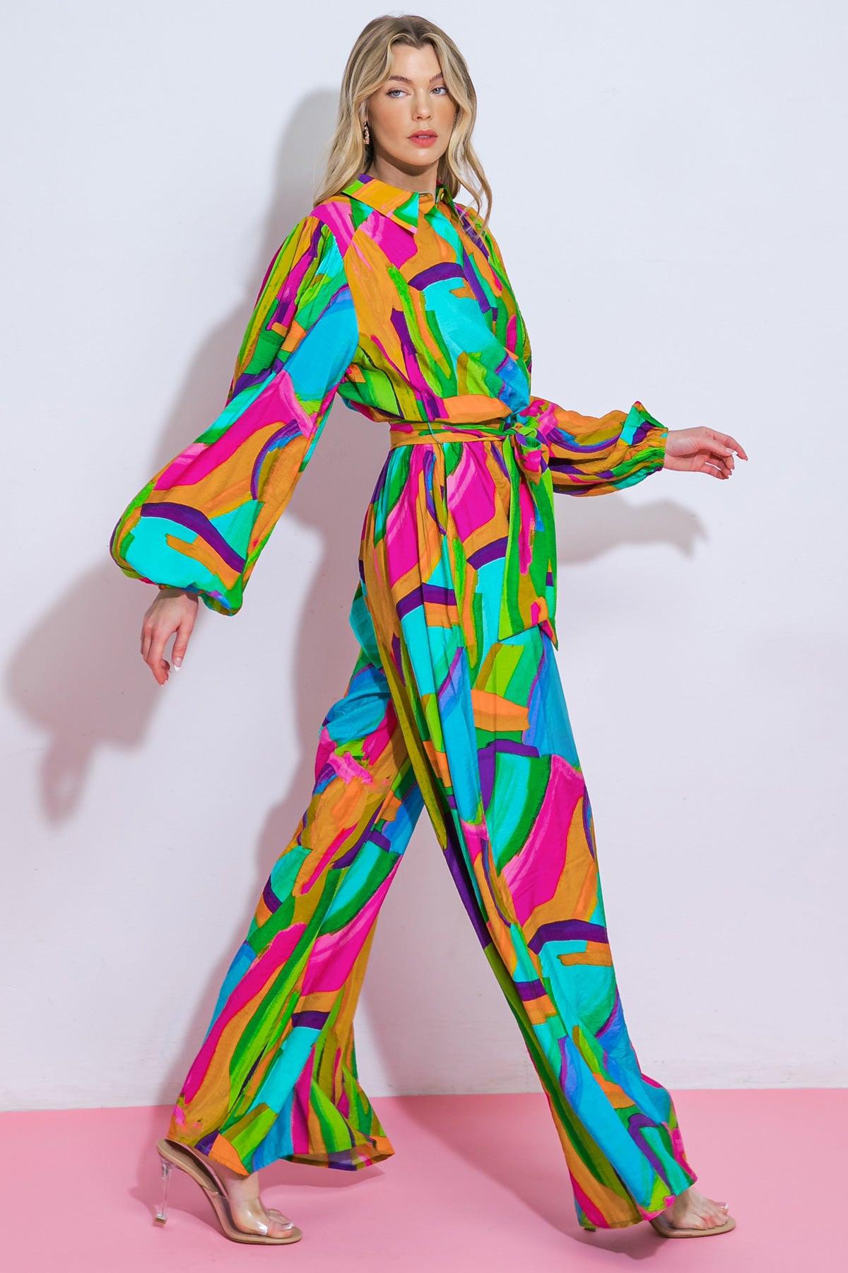 All My Heart Woven Jumpsuit With Shirt Collar Blouson Sleeves And Wide Leg