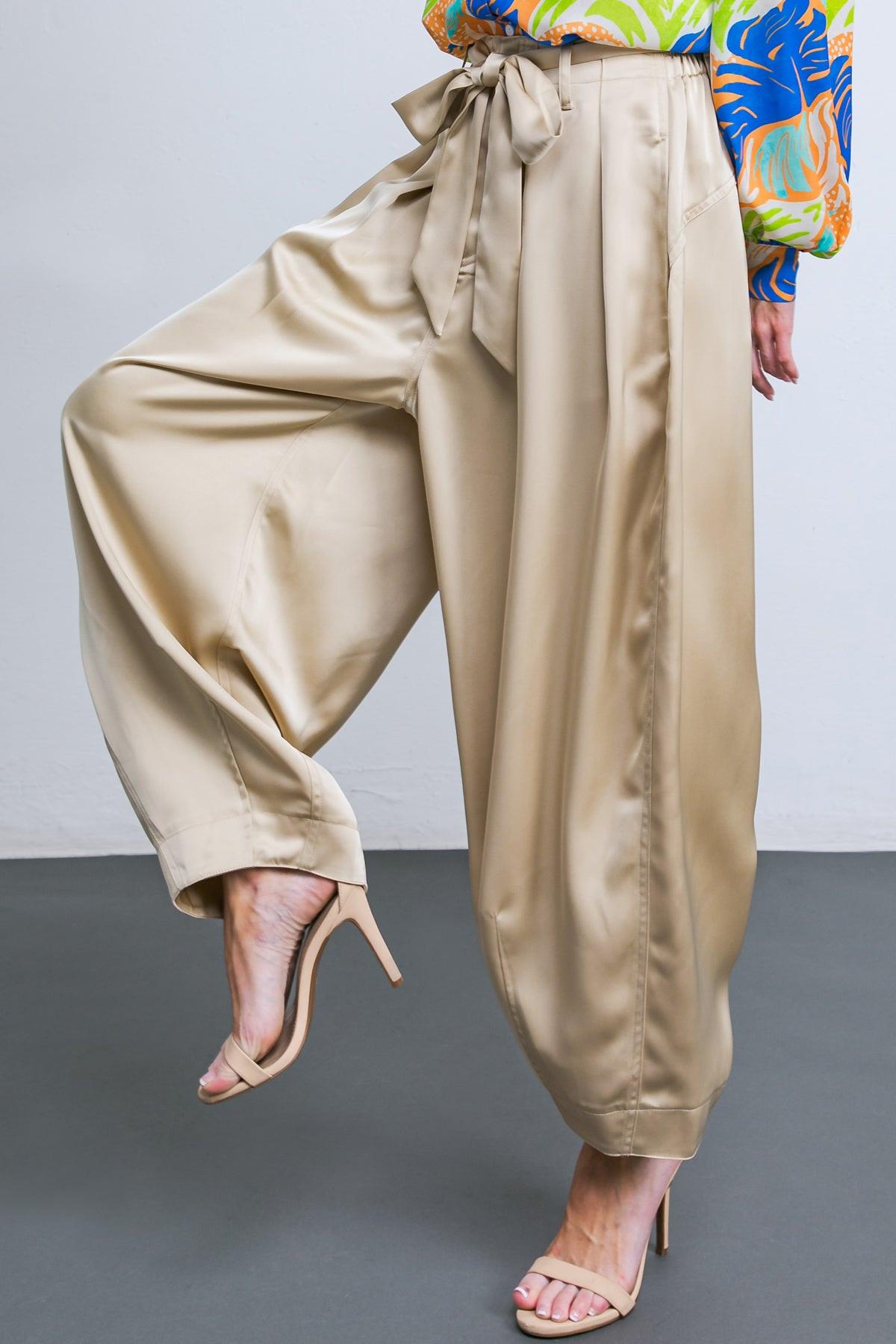 Powerful Charm Woven Satin Pants With Front Pleats Front Closure Sash Tie