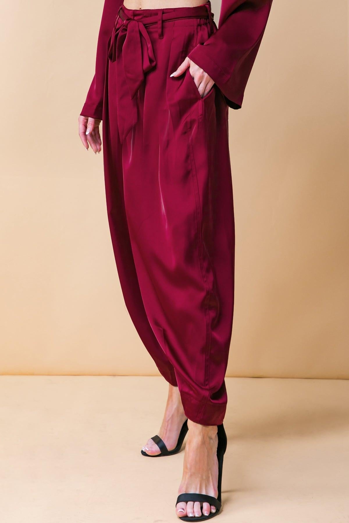 Powerful Charm Woven Satin Pants With Front Pleats Front Closure Sash Tie