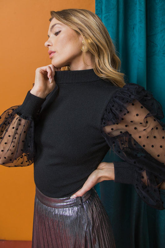 Sending Love Letters Mock Neck Knit Sweater Top With Polka Dot Tulle Sleeves