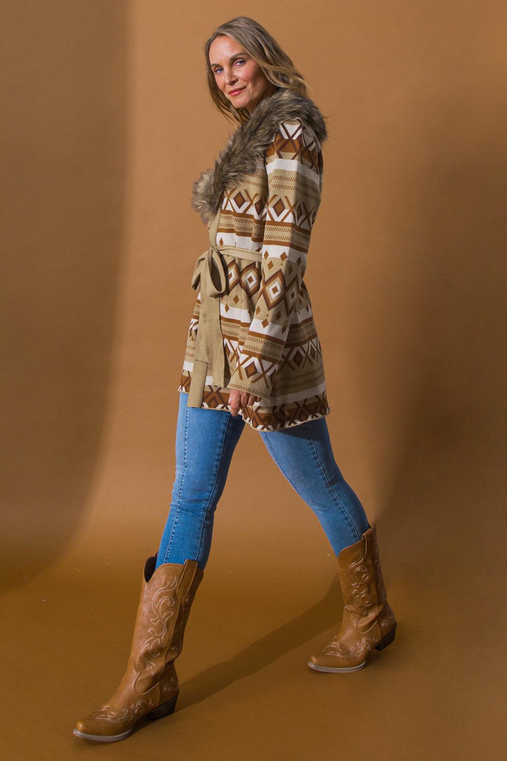 Warm Weather Sweater Cardigan With Detachable Faux Fur Collar