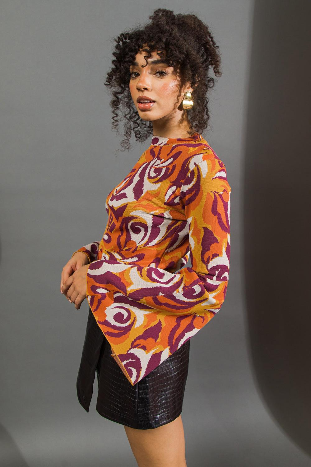 Her Favorite Features Jacquard Knit Sweater Top Bell Sleeve Contour Fit
