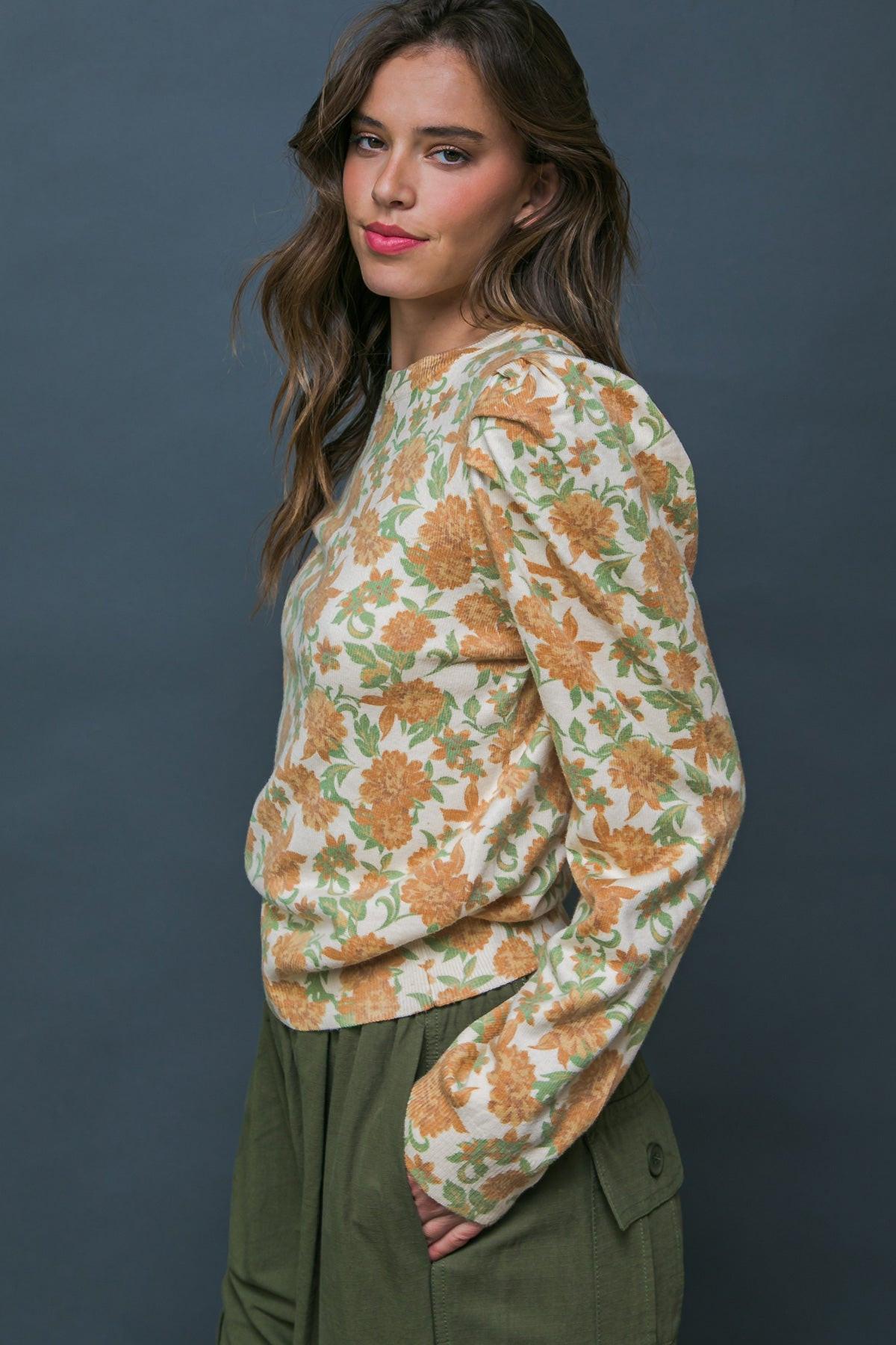 Officially Impressive Sweater Top With Printed Design And Long Puff Sleeves