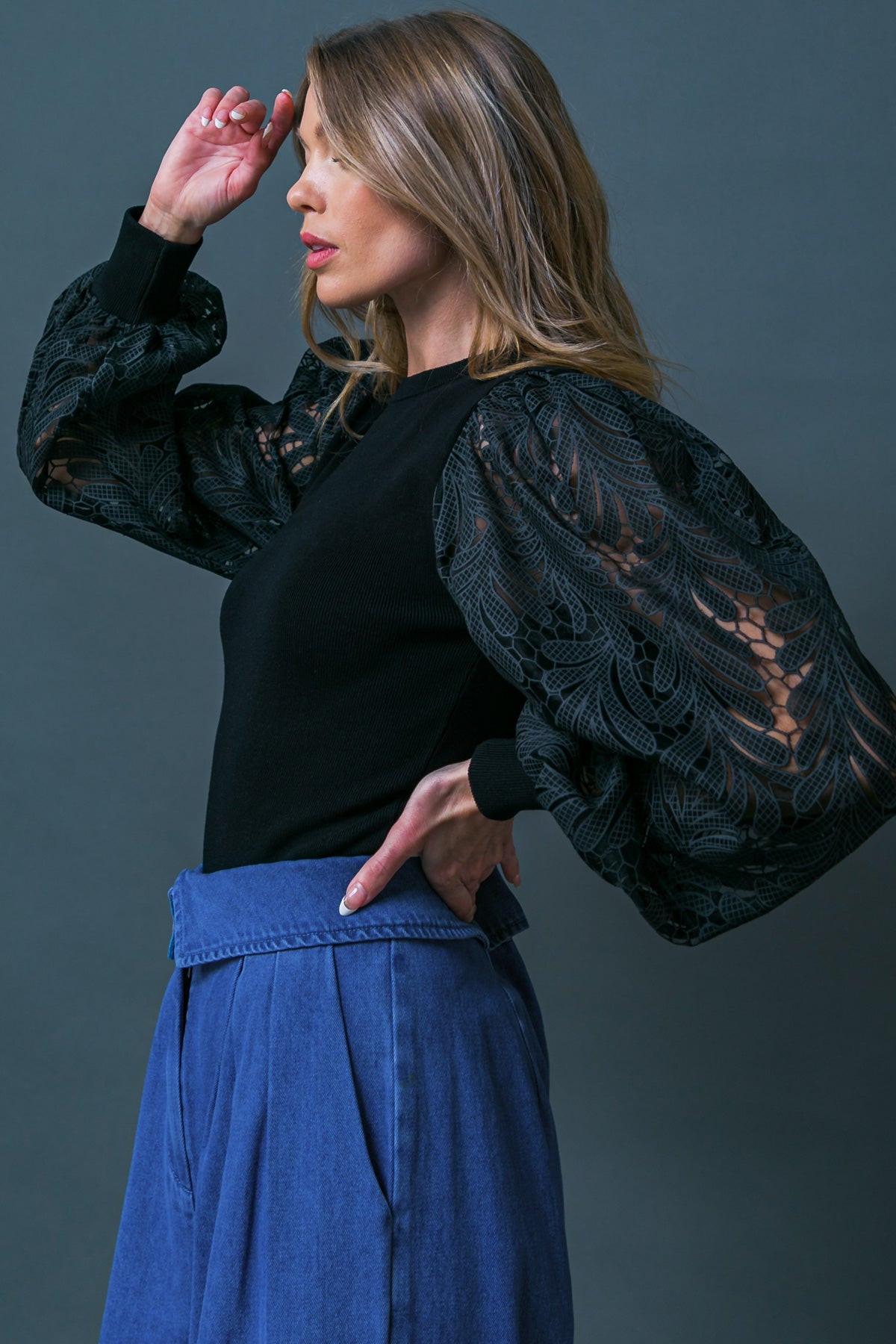 Leisure Life Knit Sweater Top With Round Neckline And Contrasting Puff Sleeves