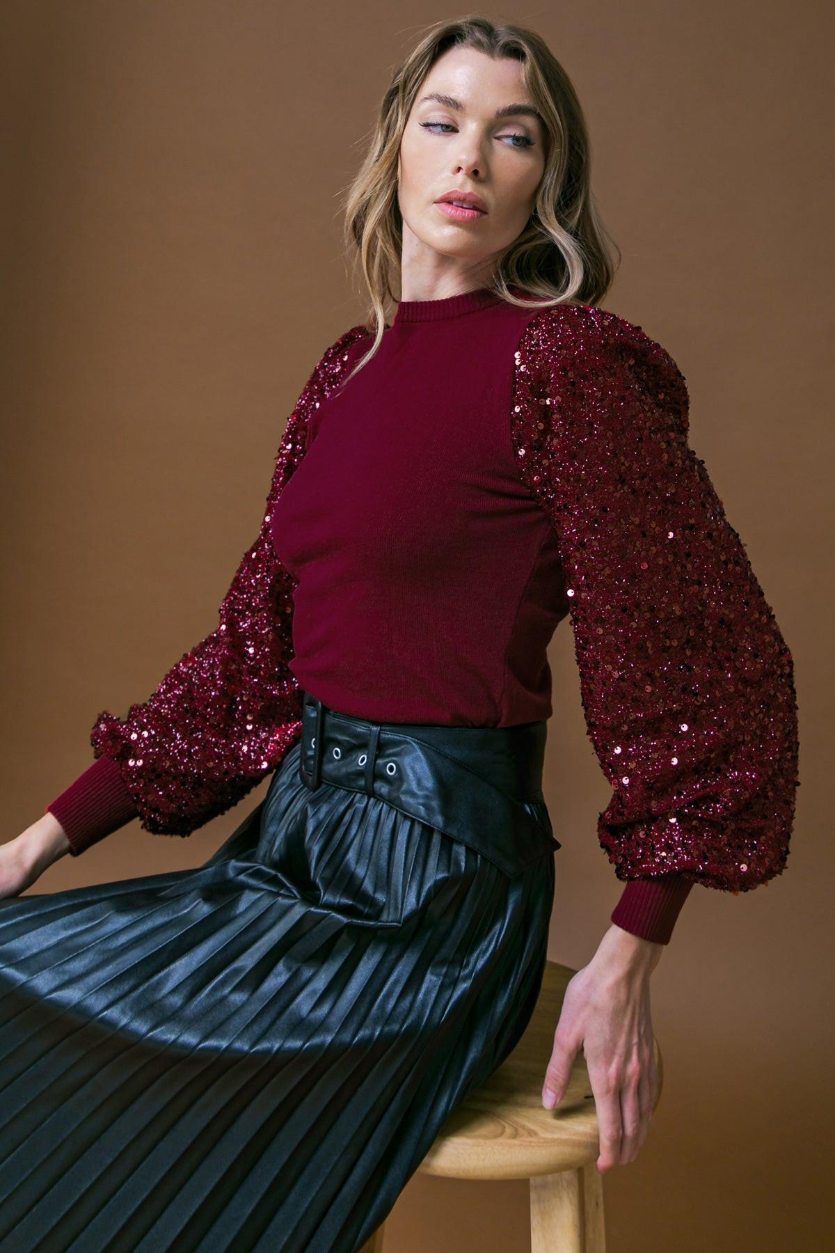 Feeling The Fun Sequin Puff Sleeve Knit Sweater Top