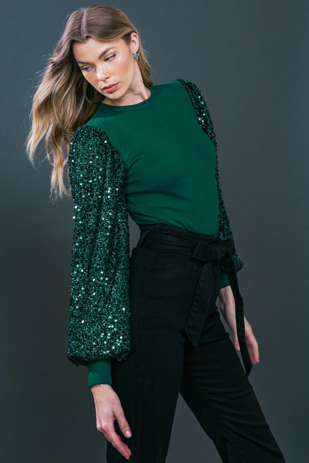 Feeling The Fun Sequin Puff Sleeve Knit Sweater Top