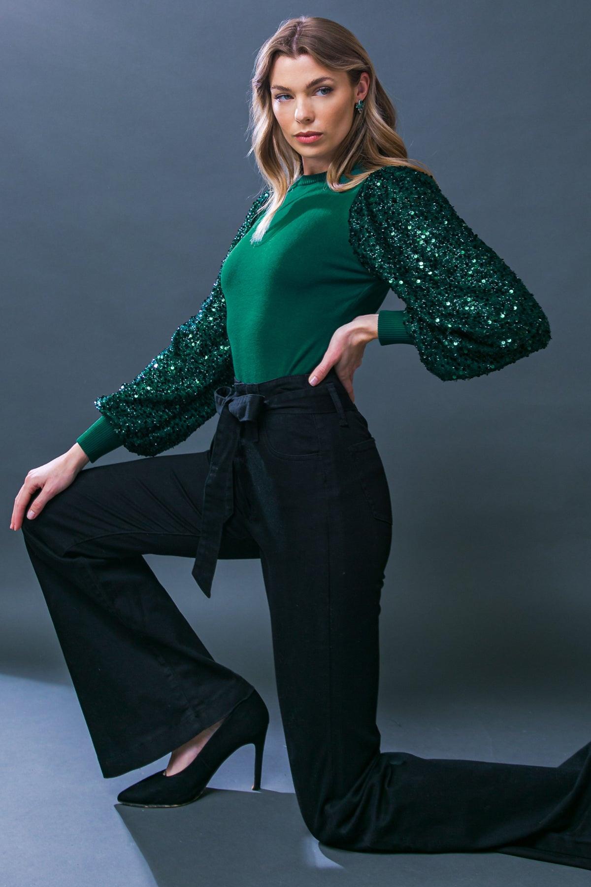Feeling The Fun Sequin Puff Sleeve Knit Sweater Top