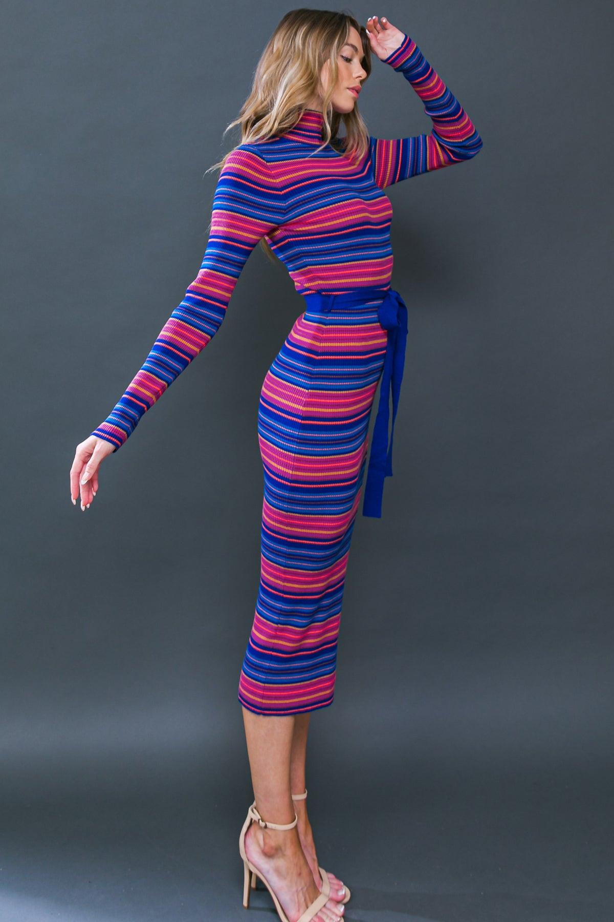 Noteworthy Shine Sweater Midi Dress With Turtle Neck And Belt