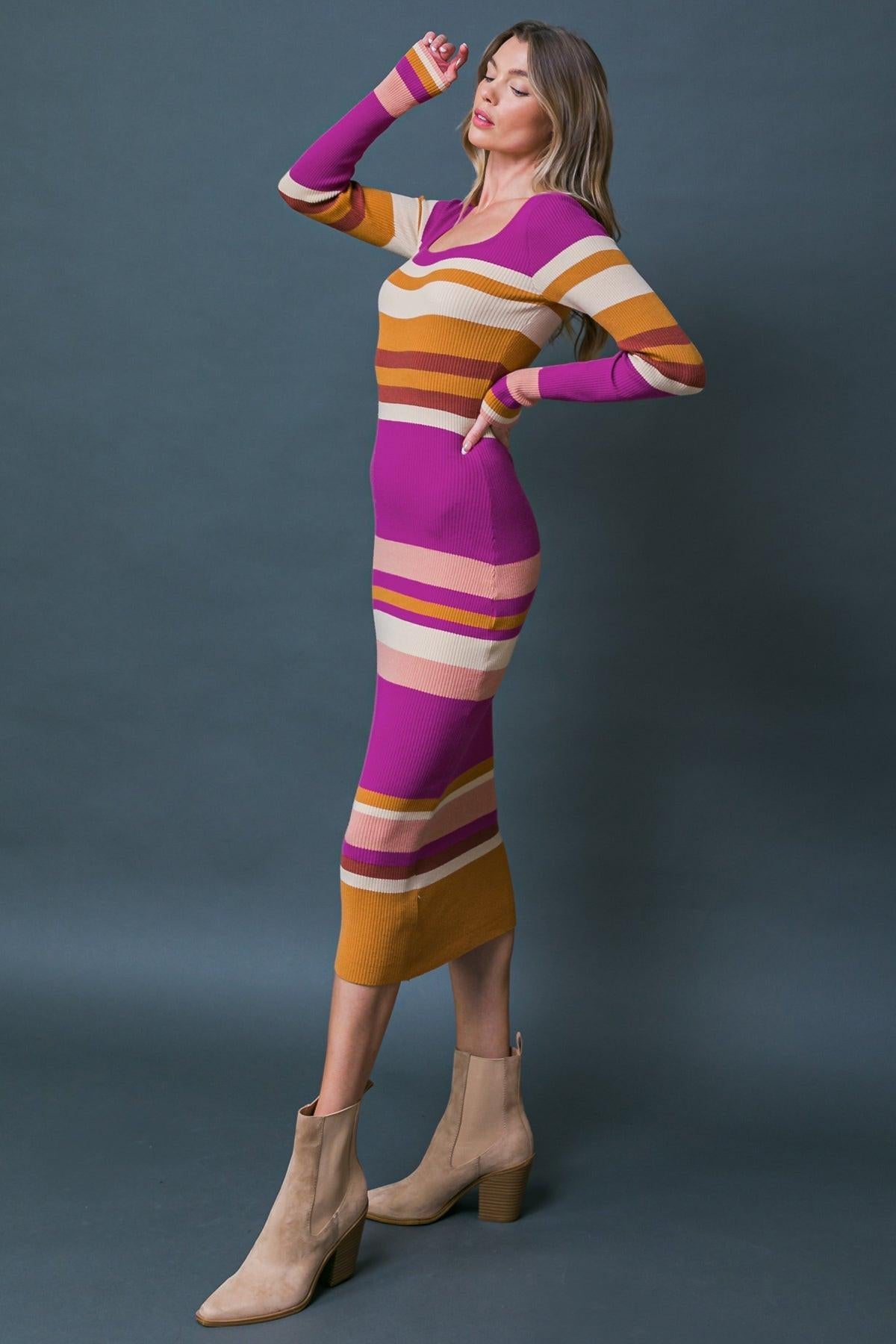 Evening Of Elegance Ribbed Sweater Midi Dress With U Neck