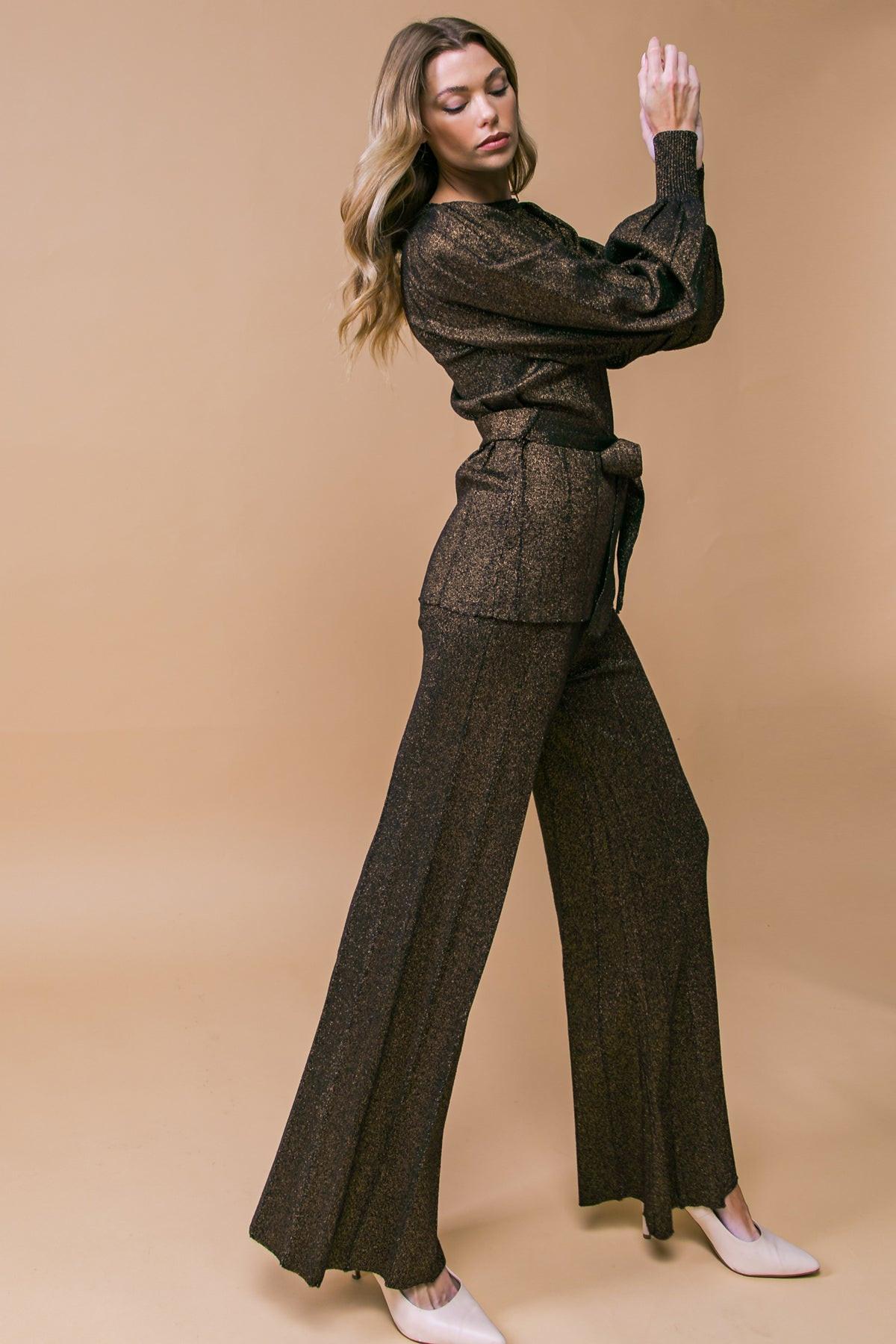 Stunning Stance Metallic Sweater Tunic and Wide Leg Pant Set