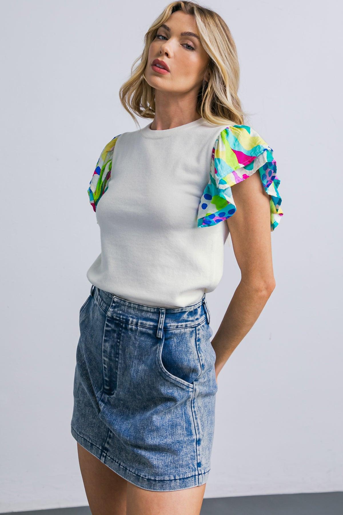 Glittery Glee Sweater Top With Round Neckline And Printed Ruffle Sleeves