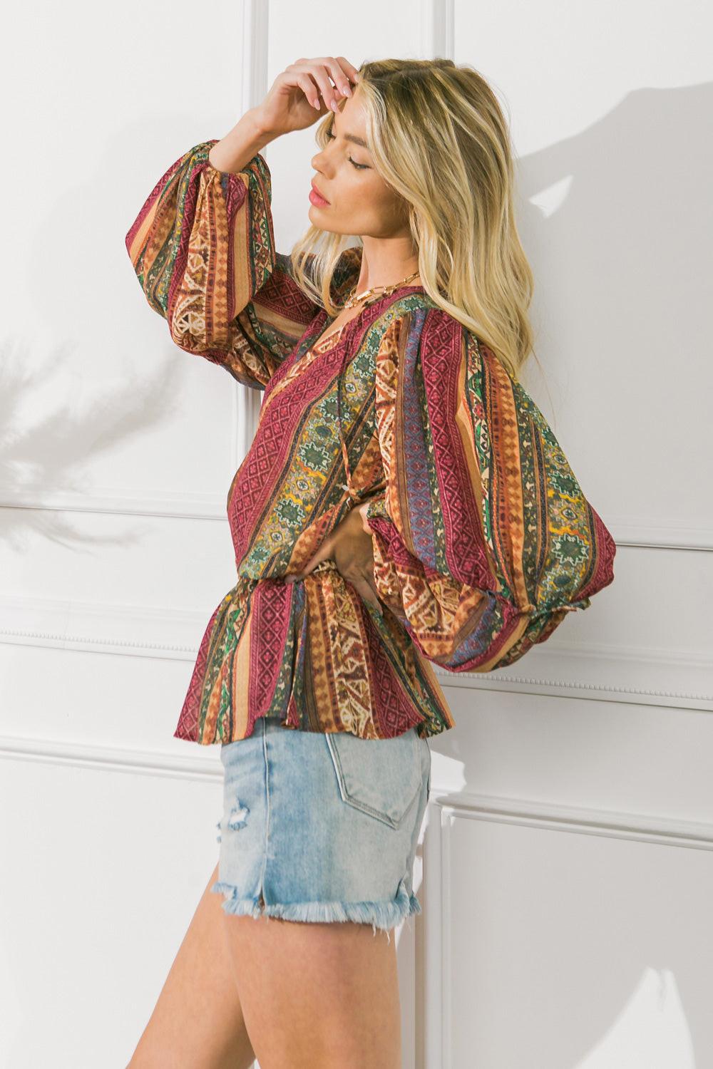 Thrilled For This Woven Top With Printed Peplum And Tassel Tie Polyester Fabric