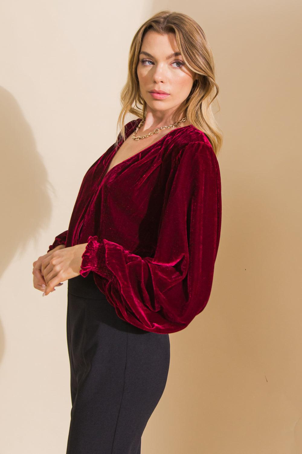 Like No Other Velvet Bodysuit With Surplice Neckline Mesh Bottom Snap Closure
