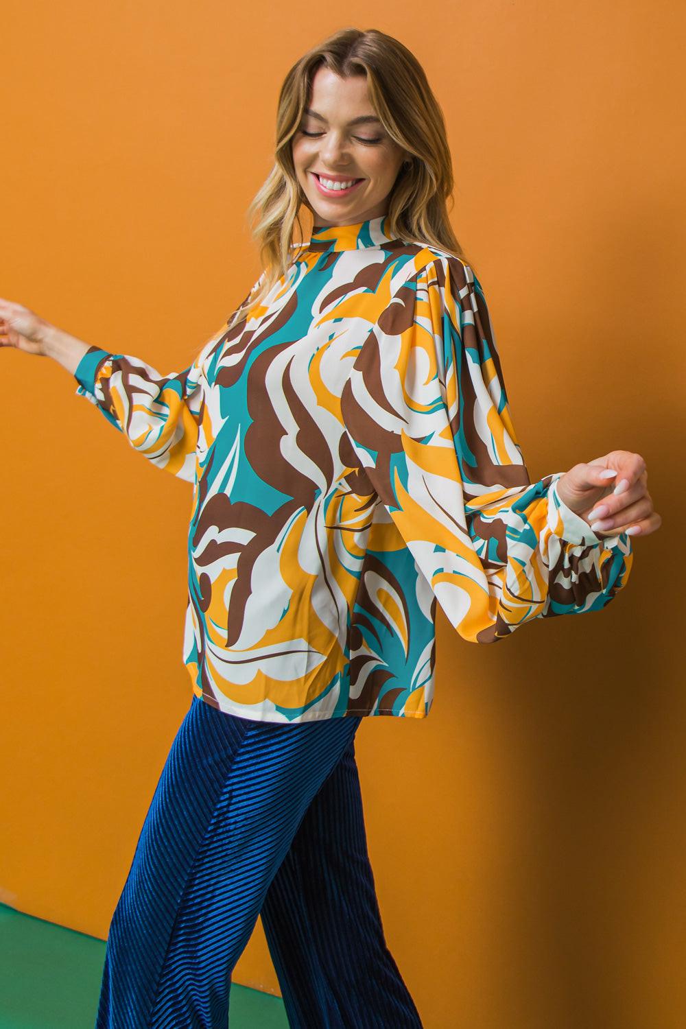 Dream On Printed Woven Top With Mock Neck And Exaggerated Sleeves