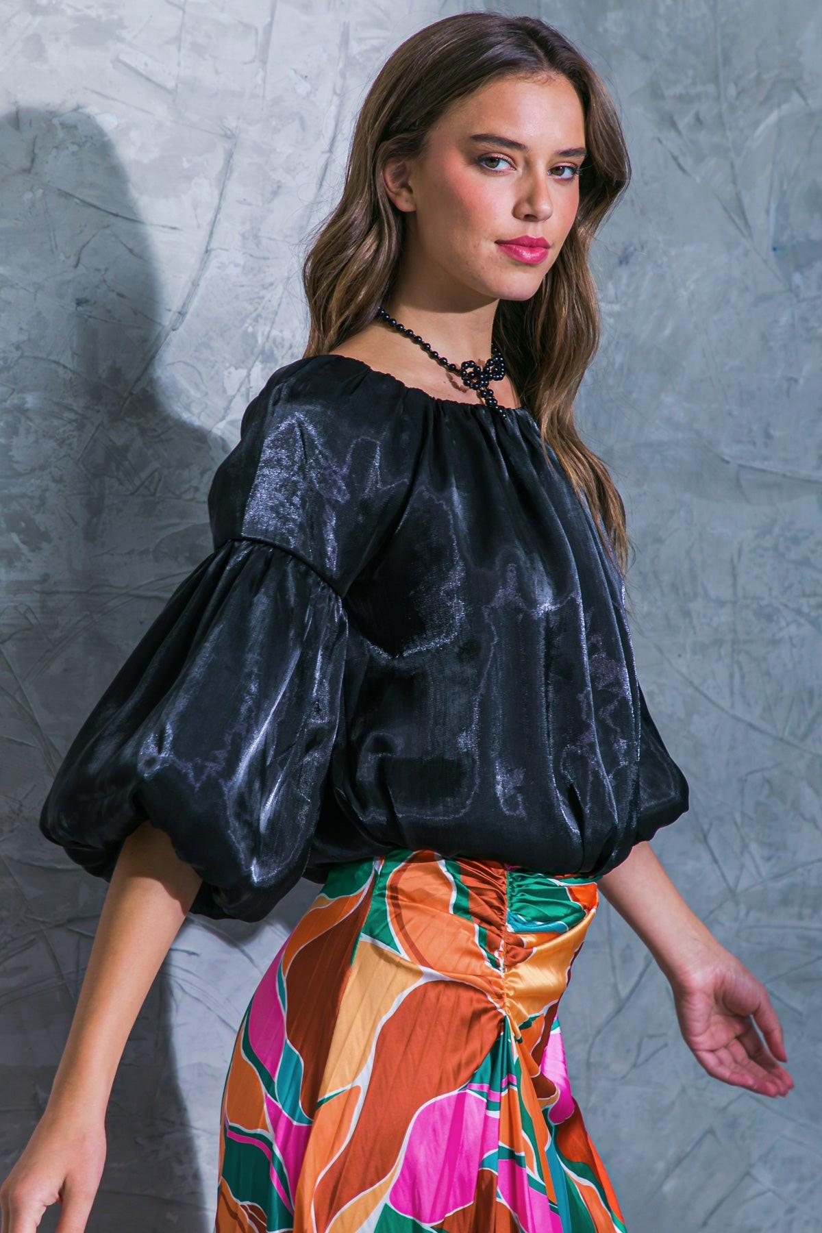 Simply Favored Woven Top Off On Neckline With Lantern Sleeves Elastic Waist