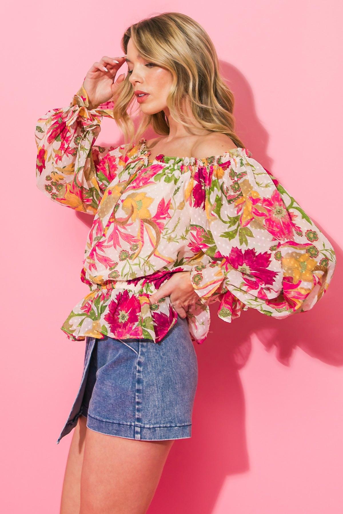 Sweetest Escape Woven Top Off Shoulder Ruffle Peplum