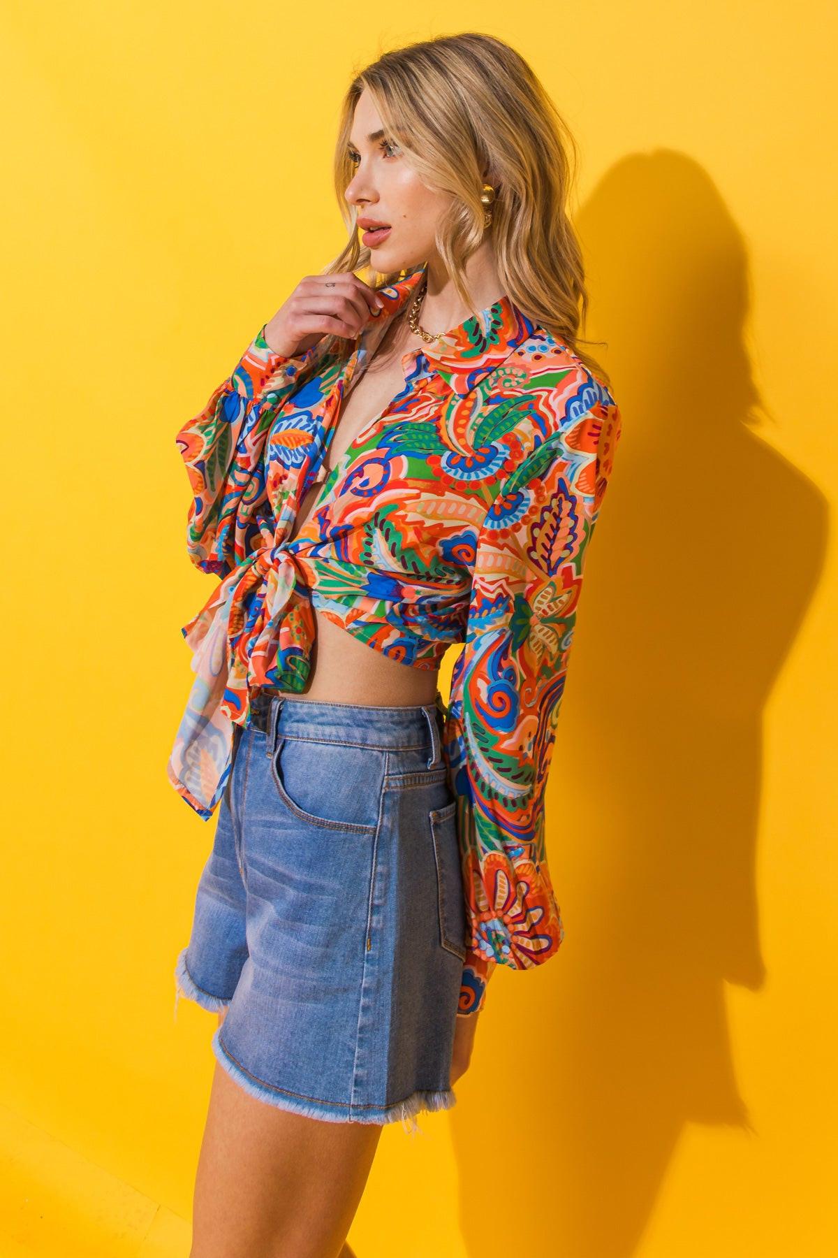 My Happy Place Printed Woven Top With Shirt Collar Front Tie