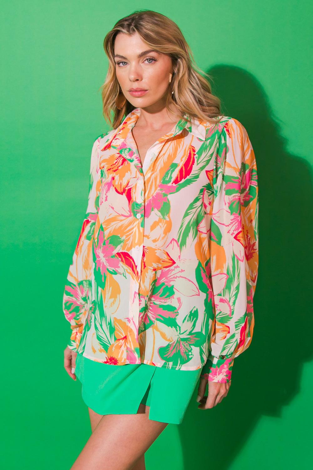 Born To Sparkle Woven Top Shirt Collar Button Down Peasant Sleeves