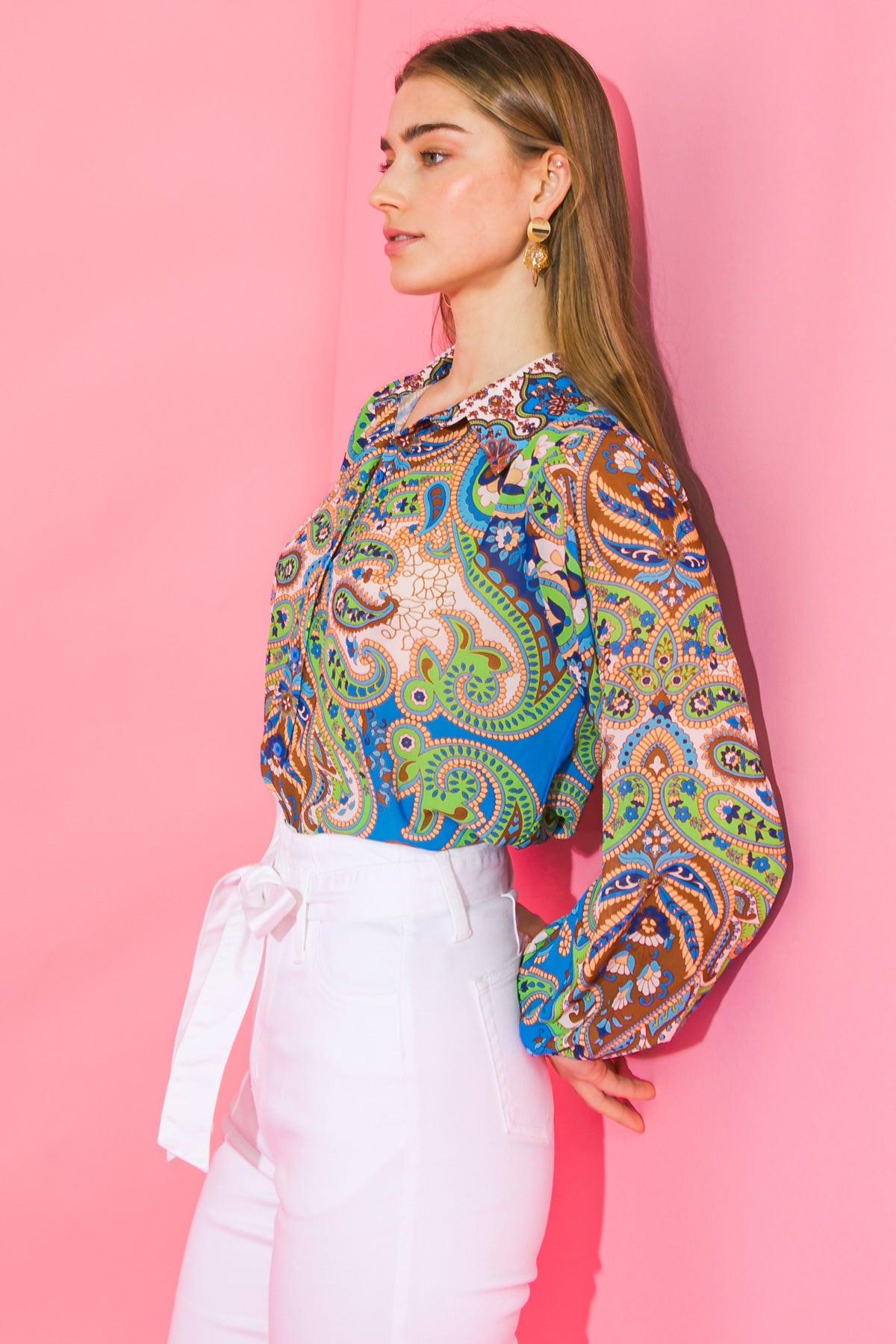 In A Good Place Woven Top Long Sleeve Shirt Collar Button Front Office Wear