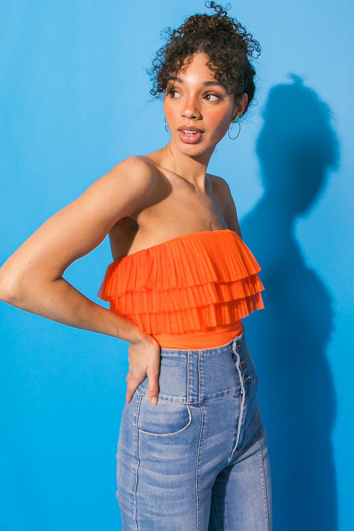 Take Me Now Knit Bodysuit With Contrasting Triple Flounce And Snap Closure