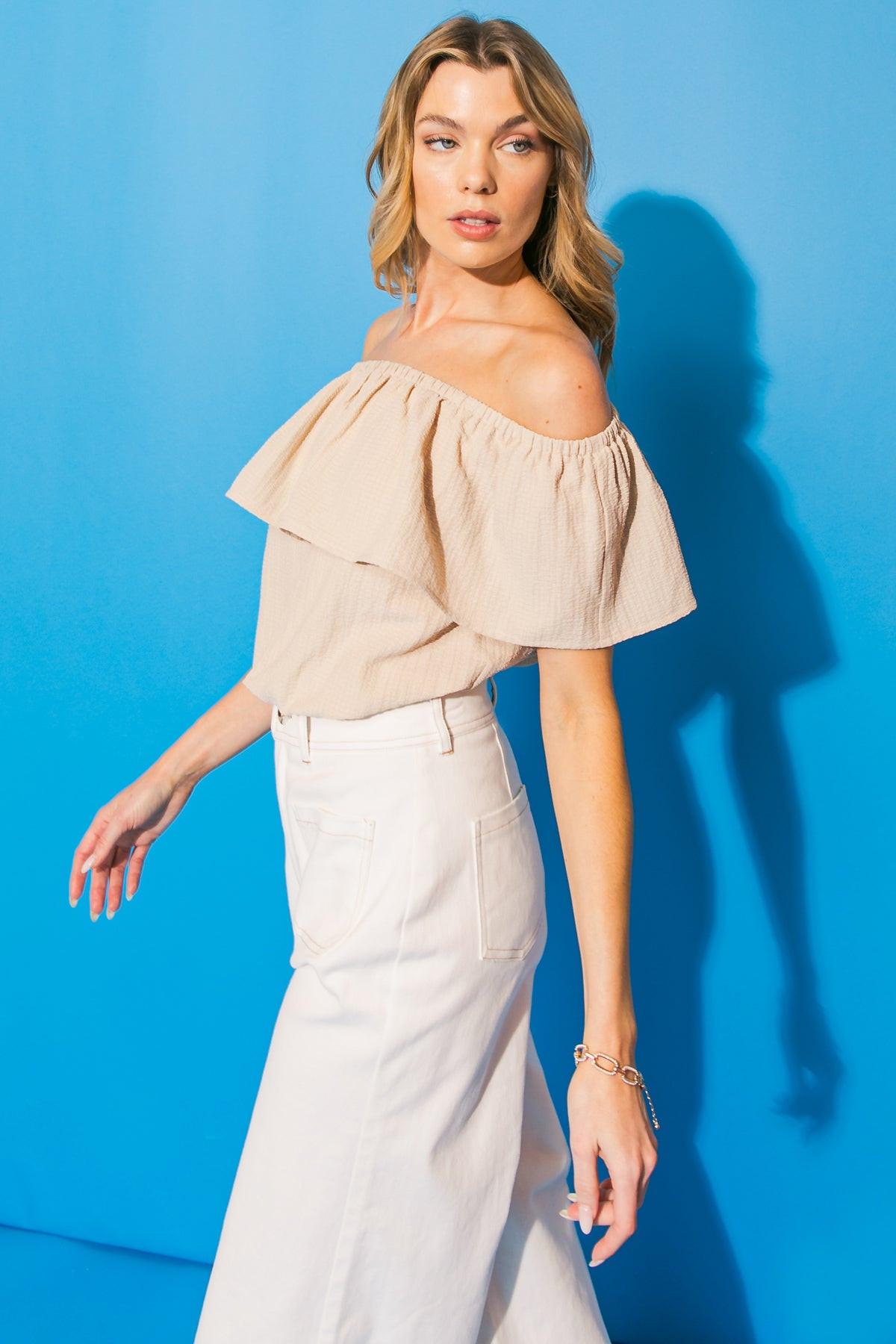 Lovely Mood Woven Textured Off Shoulder Top With Flounce And Elastic Waist