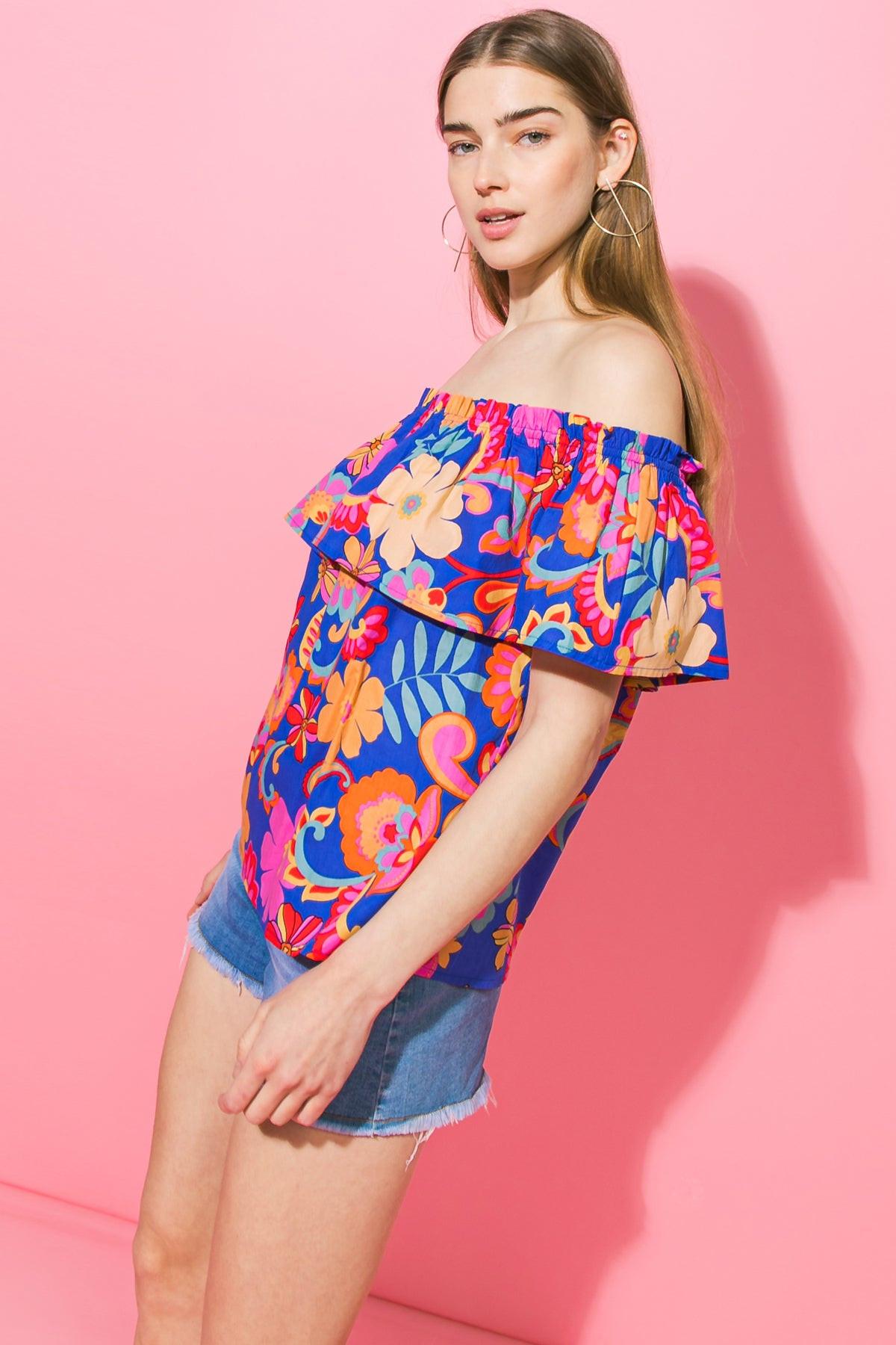 Printed Poplin Off Shoulder Cotton Top With Ruffled Edge