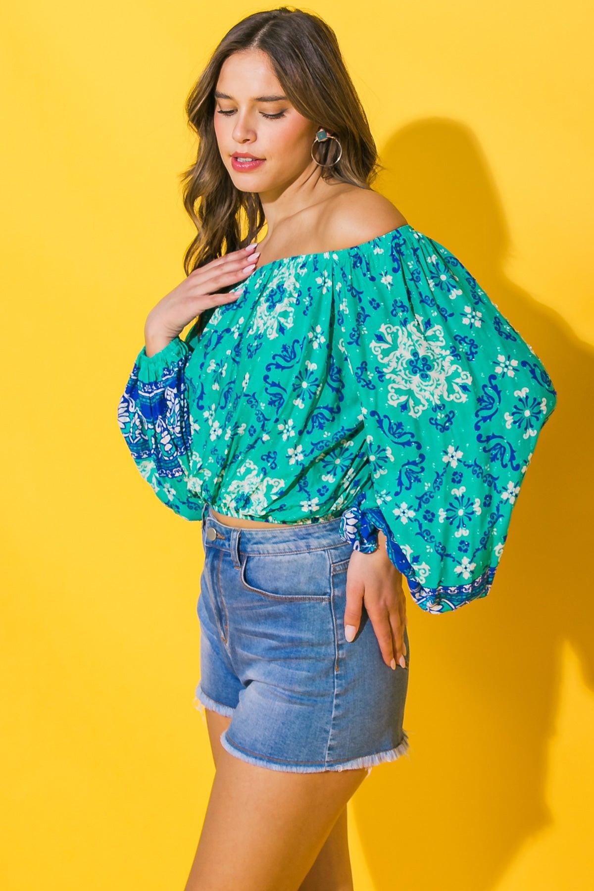 Send My Love Woven Top Off Shoulder Printed Peasant Sleeve Elastic Waist