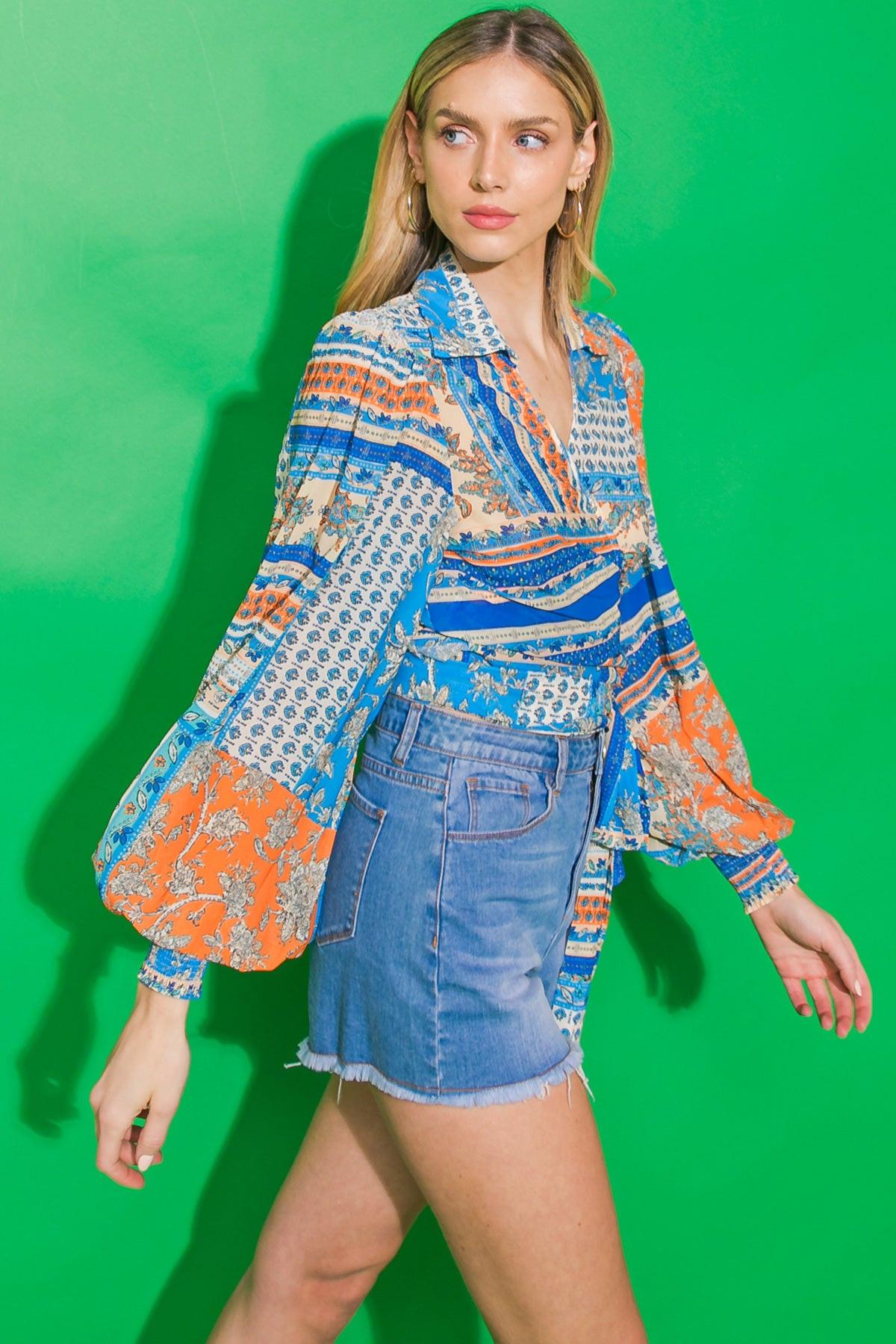Lovely Fame Printed Woven Top Polyester With Shirt Collar And True Wrap