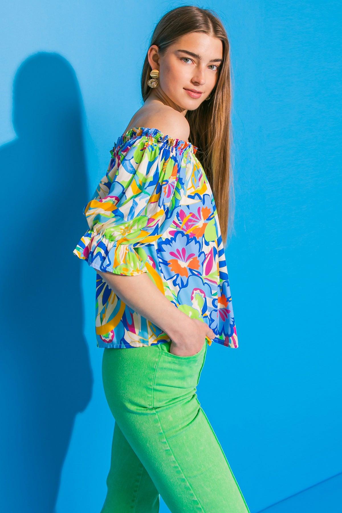 Last Photograph Printed Off Shoulder Woven Top With Ruffle Edge